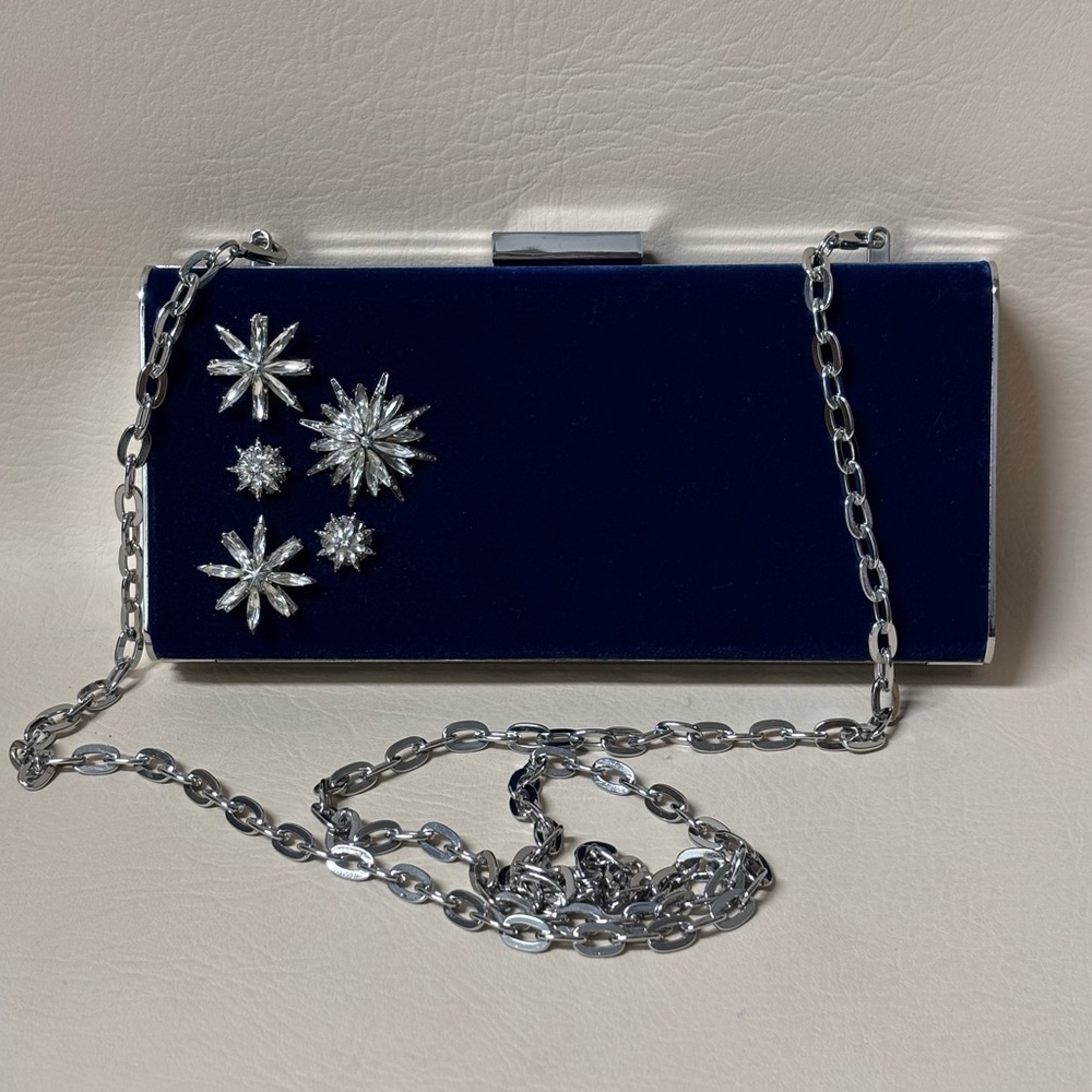 White House Black Market Royal Blue Velvet Clutch with Glass Crystal Flowers - Picture 1 of 7